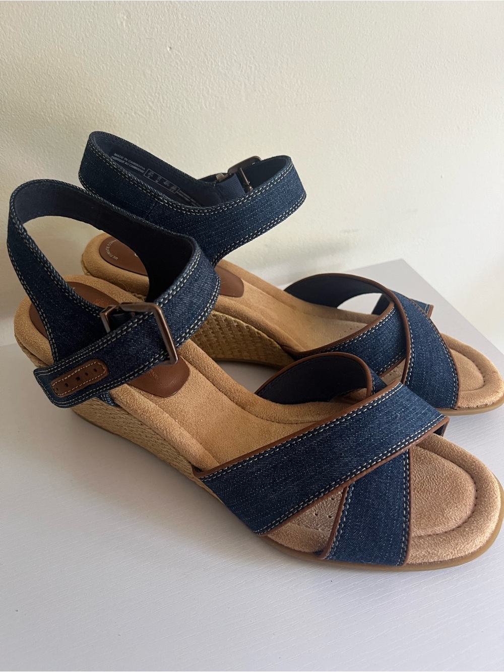 Clark’s Denim with Leather and Raffia Wedge Sandals - 11 Wide